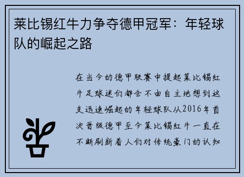 莱比锡红牛力争夺德甲冠军：年轻球队的崛起之路